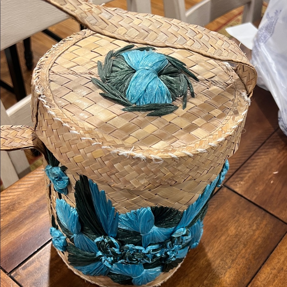 Vintage Woven Basket Purse Raffia with Blue and Green Accents - Picture 2 of 7